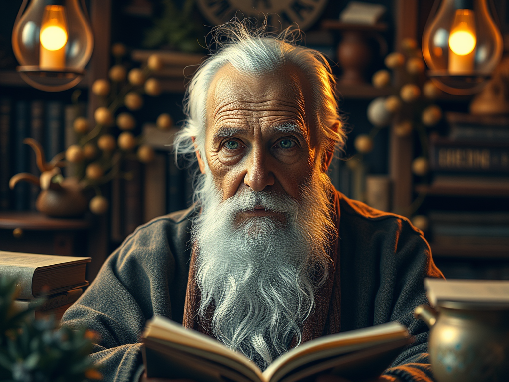 An elderly man, with a gray beard, sits quietly, opening a book and contemplating its contents with deep concentration.