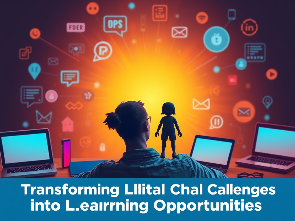 ðŸ–¼ï¸ Ø§Ù„Ù†Øµ Ø§Ù„Ø¨Ø¯ÙŠÙ„ (Alt Text) "A person mentoring a child through digital tools, surrounded by icons of technology and communication â€” symbolizing the transformation of digital challenges into learning opportunities."