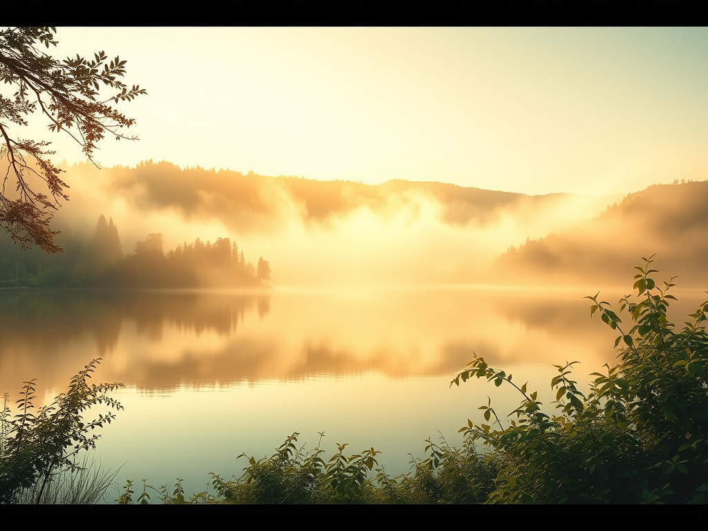 featured image for a blog post titled "Silent Thoughts," which evokes a sense of calm and introspection. The main subject should be a serene landscape at dawn, featuring a tranquil lake surrounded by lush greenery and mist rising off the water’s surface. Soft, golden light should illuminate the scene, casting gentle reflections in the water. The style should be painterly and dreamy, with a focus on blending warm and cool tones to enhance the peaceful atmosphere. Use high resolution to ensure a highly detailed image, with sharp focus on both the lake and the surrounding foliage.