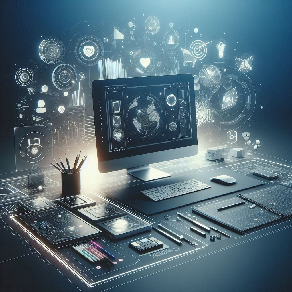 A modern digital workspace equipped with creative design tools and user interface elements. Designed by Suad Al-Saati.