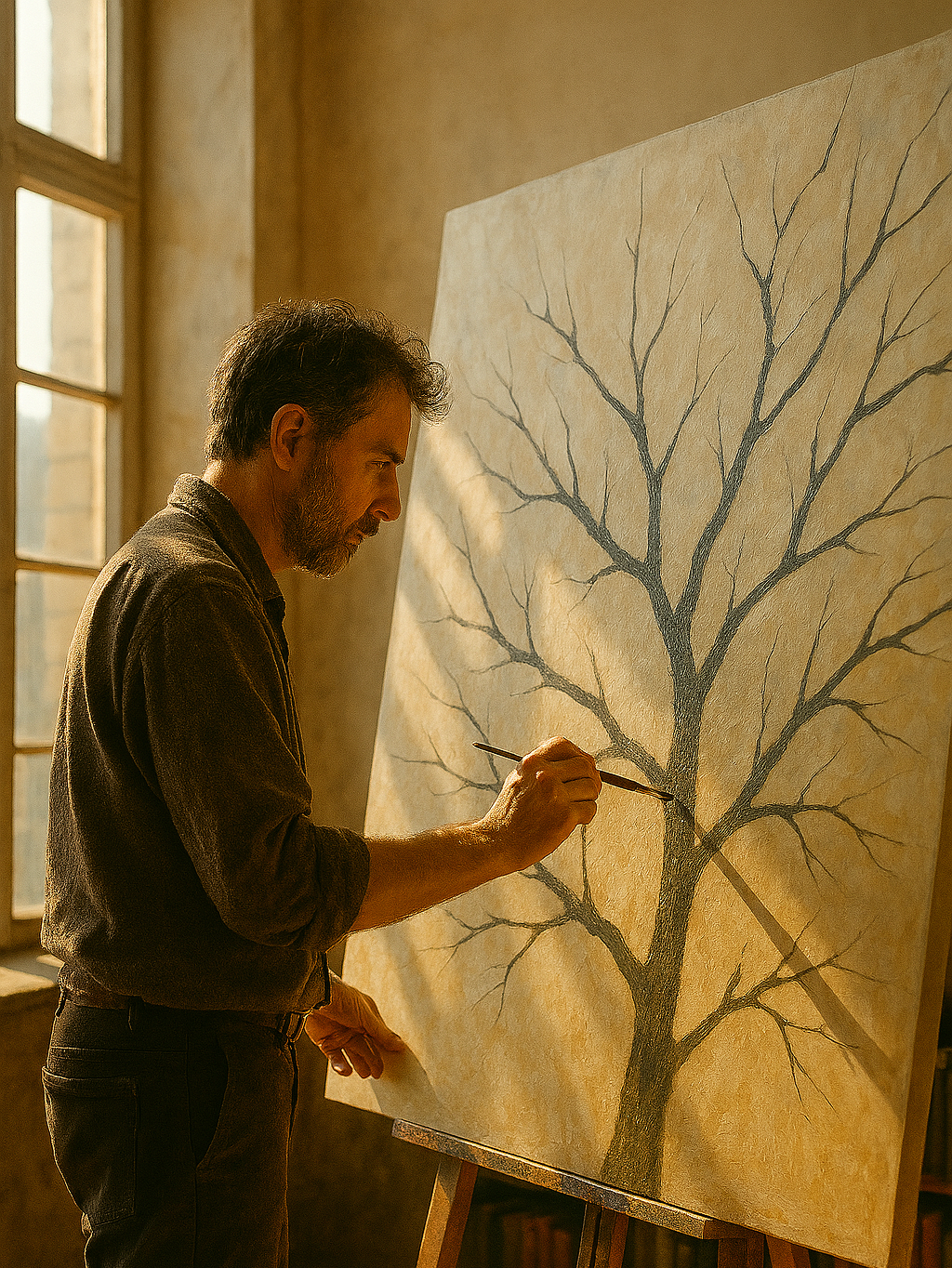 The artist paints an expressive picture